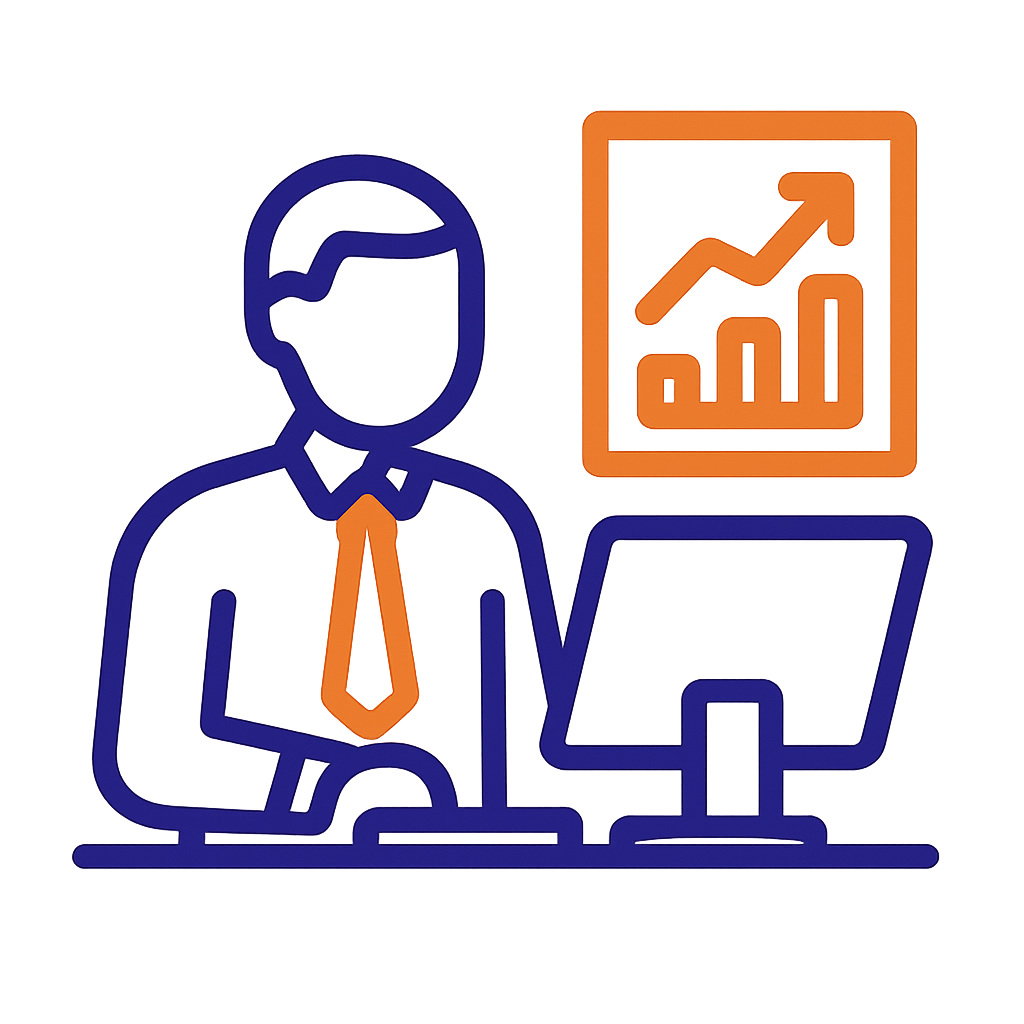 simple vector line art of a sales person working in front of a computer use transparent background use colors 39207c f57e20 line thickness should be 6px please do not use words on these-1