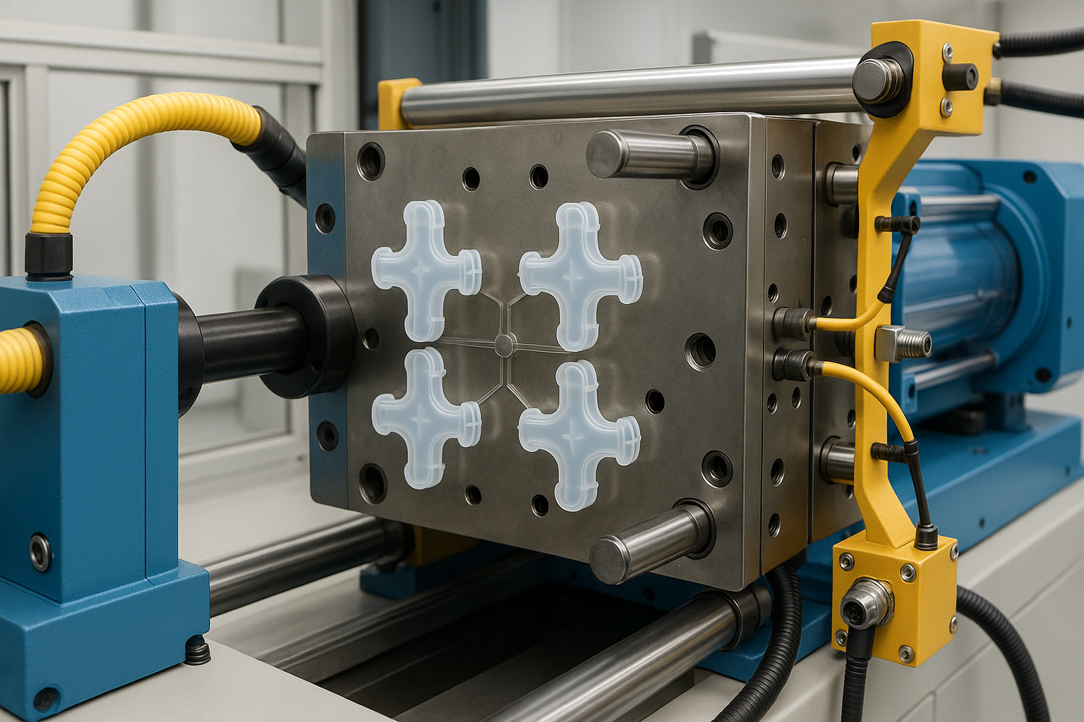 Plastic injection molding machine in a medical device clean manufacturing environment, with branded Aprios Custom MFG color palette.