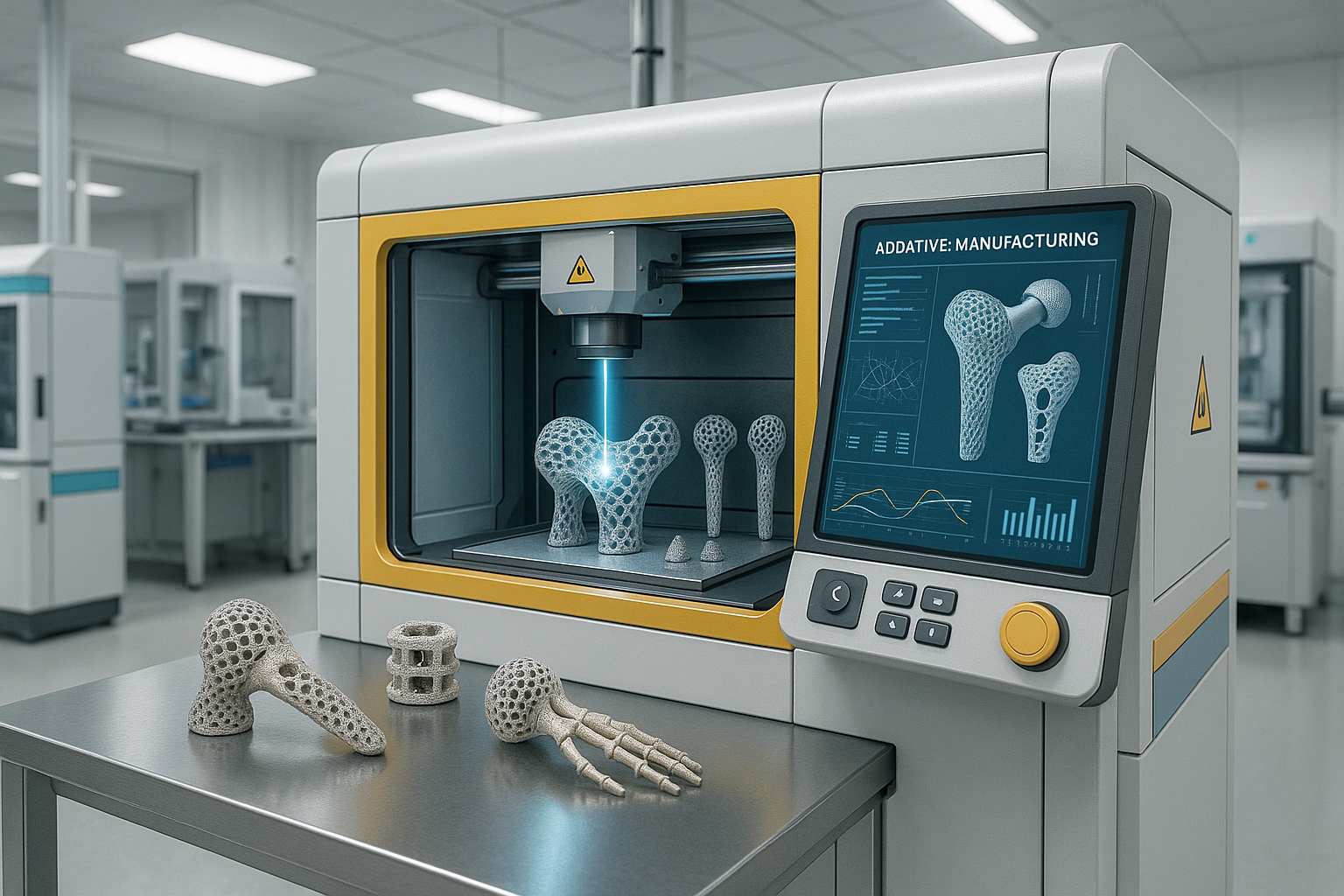 Additive manufacturing equipment building custom medical device parts in a clean, high-tech Aprios Custom MFG-style lab.