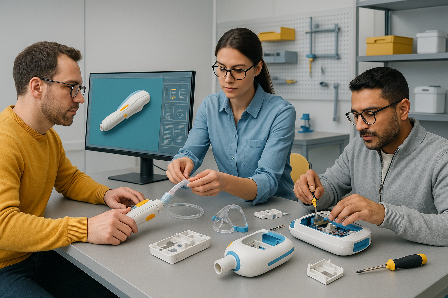 Prototype lab with engineers assembling medical devices, using CAD and rapid iteration, styled in Aprios Custom MFG colors.