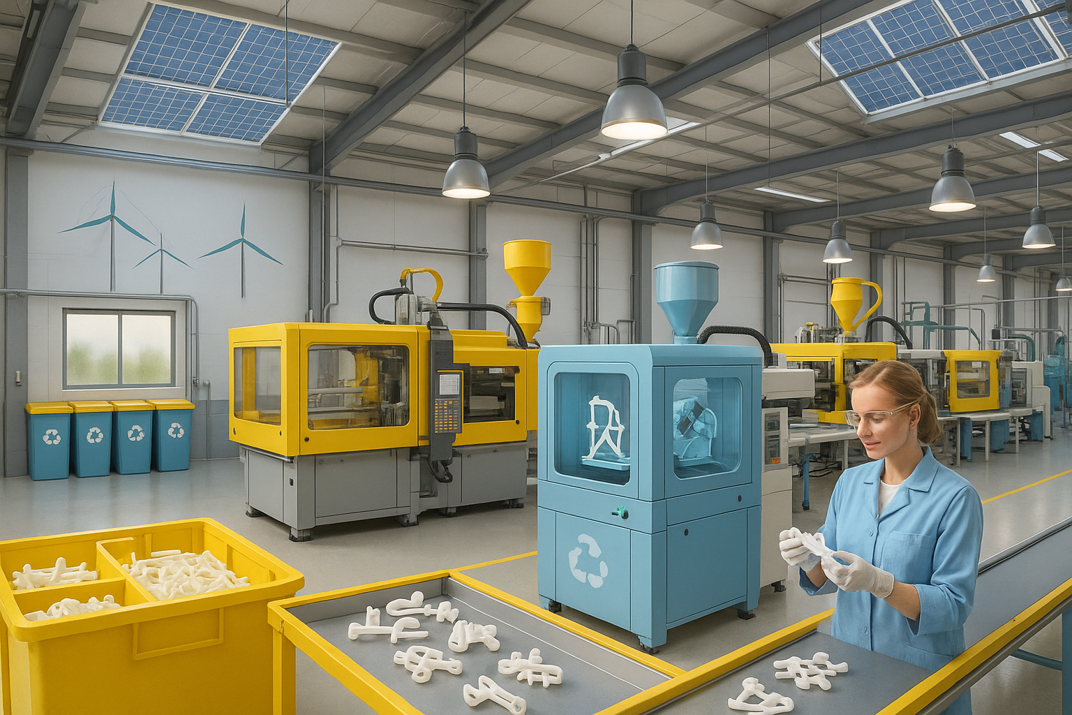 Modern sustainable manufacturing facility with advanced injection molding, additive manufacturing, visible recycling stations, and renewable energy sources for medical and industrial plastics production, Aprios Custom MFG brand colors.
